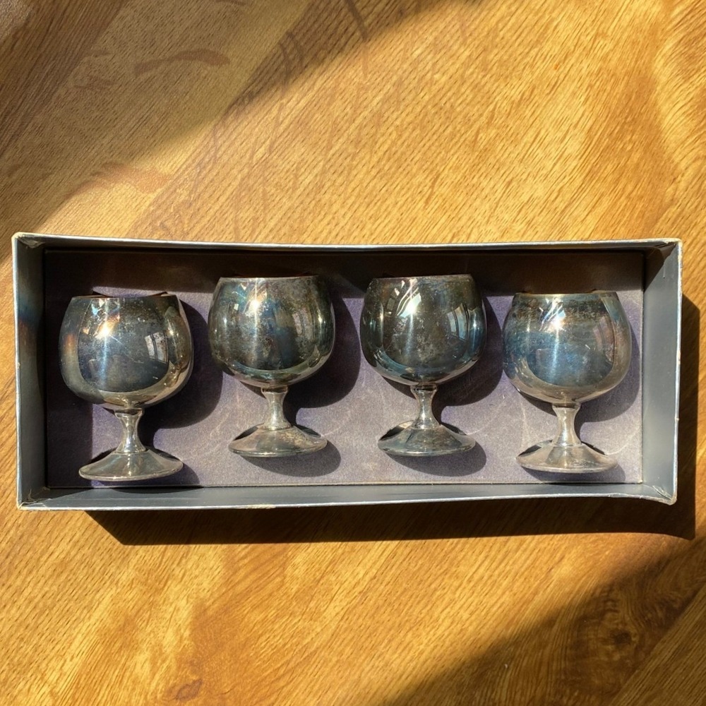 Vintage Sheridan Silver Brandy Cordials Set 4 Gold Wash Goblet Cottage‎ Ren MCM
